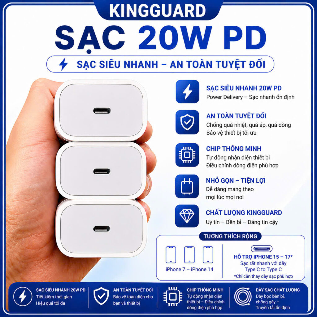 Bộ sạc nhanh Kingguard USB-C PD 20W kèm cáp Lightning, sạc nhanh ổn định, an toàn, thiết kế nhỏ gọn, phù hợp iPhone và nhiều thiết bị.
