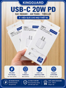 Bộ sạc nhanh Kingguard USB-C PD 20W kèm cáp Lightning, hỗ trợ sạc nhanh an toàn, ổn định, thiết kế nhỏ gọn, phù hợp iPhone và nhiều thiết bị.