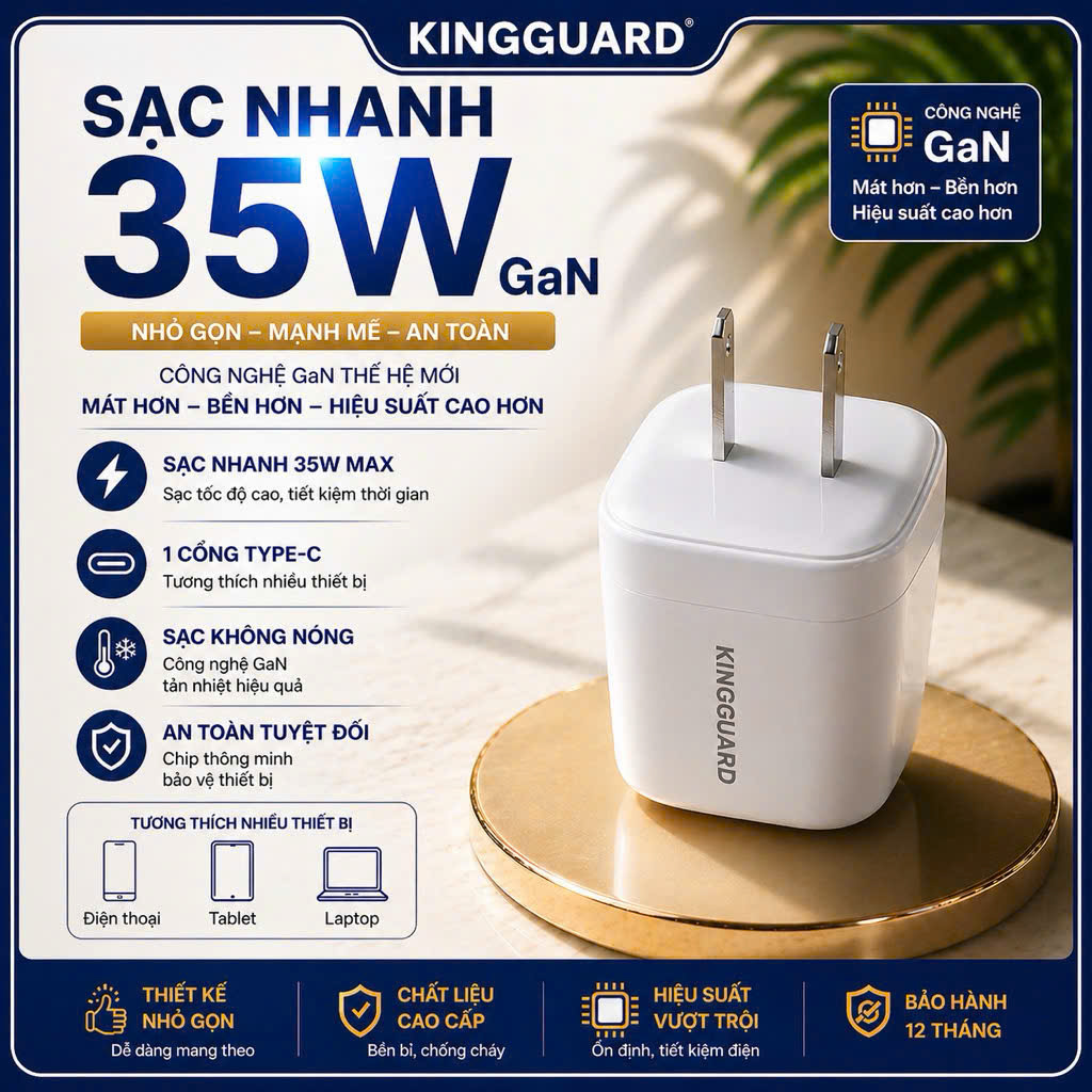 Củ sạc nhanh 35W GaN 1 cổng Type-C KINGGUARD, sạc nhanh ổn định cho iPhone, Android, tablet, laptop, an toàn, không nóng máy.