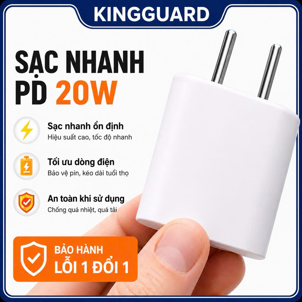 củ sạc nhanh 20w pd kingguard usb-c, sạc nhanh iphone an toàn không nóng, bảo vệ pin