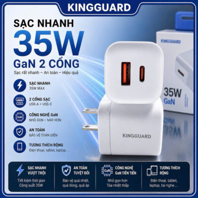 Củ sạc nhanh KINGGUARD 35W GaN 2 cổng USB-C PD và USB-A, sạc nhanh iPhone Android ổn định, an toàn không nóng