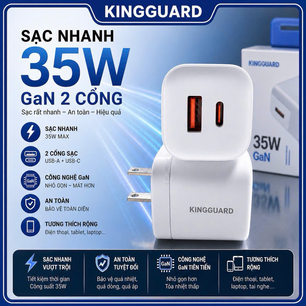 Củ sạc nhanh KINGGUARD 35W GaN 2 cổng USB-C PD và USB-A, sạc nhanh iPhone Android ổn định, an toàn không nóng