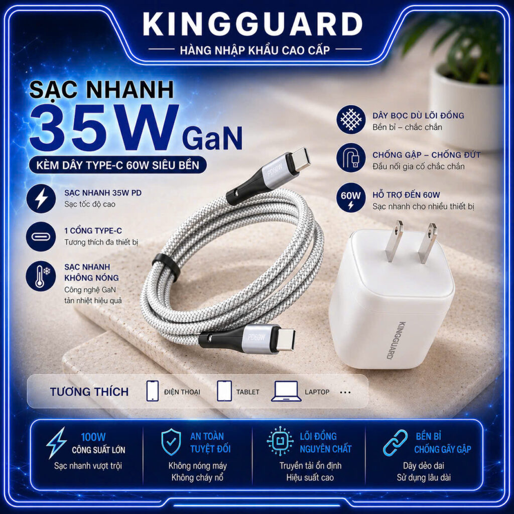 Củ sạc nhanh KINGGUARD 35W GaN kèm dây Type-C 60W, hỗ trợ PD sạc nhanh, an toàn, tương thích điện thoại tablet laptop