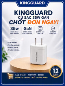 Củ sạc nhanh KINGGUARD 35W GaN 2 cổng USB-C và USB-A, sạc nhanh không nóng, an toàn, bảo hành 12 tháng, tương thích nhiều thiết bị