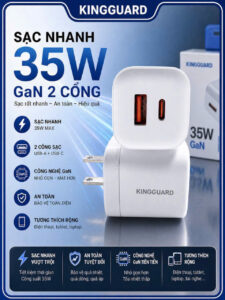 Củ sạc nhanh KINGGUARD 35W GaN 2 cổng USB-C PD và USB-A, sạc nhanh ổn định, công nghệ GaN, an toàn và tương thích nhiều thiết bị