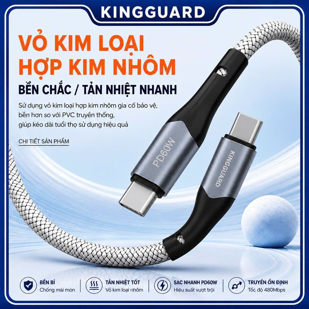 Cáp Sạc Nhanh Type-C 60W KINGGUARD – Cáp Sạc PD 60W, Dây Dù Nylon Siêu Bền, Sạc Laptop Type-C, Sạc Nhanh iPhone, Samsung Xiaomi