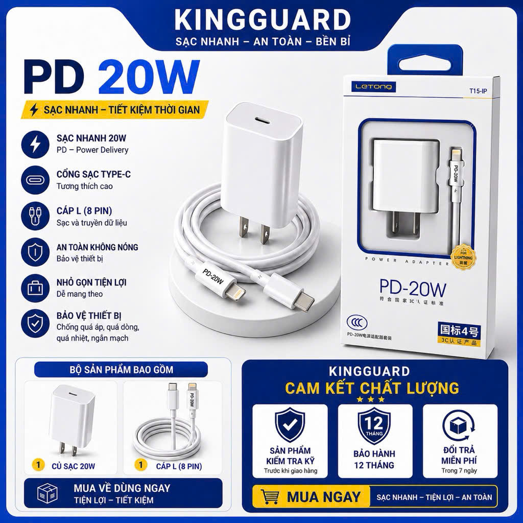 Kingguard PD 20W bộ sạc nhanh iPhone gồm củ sạc và cáp Lightning, sạc nhanh an toàn, không nóng, thiết kế nhỏ gọn, bảo hành 12 tháng.