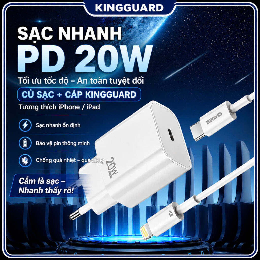 Bộ sạc nhanh PD 20W SENDEM OG73 gồm củ sạc và cáp, sạc nhanh ổn định, bảo vệ pin, tương thích nhiều thiết bị