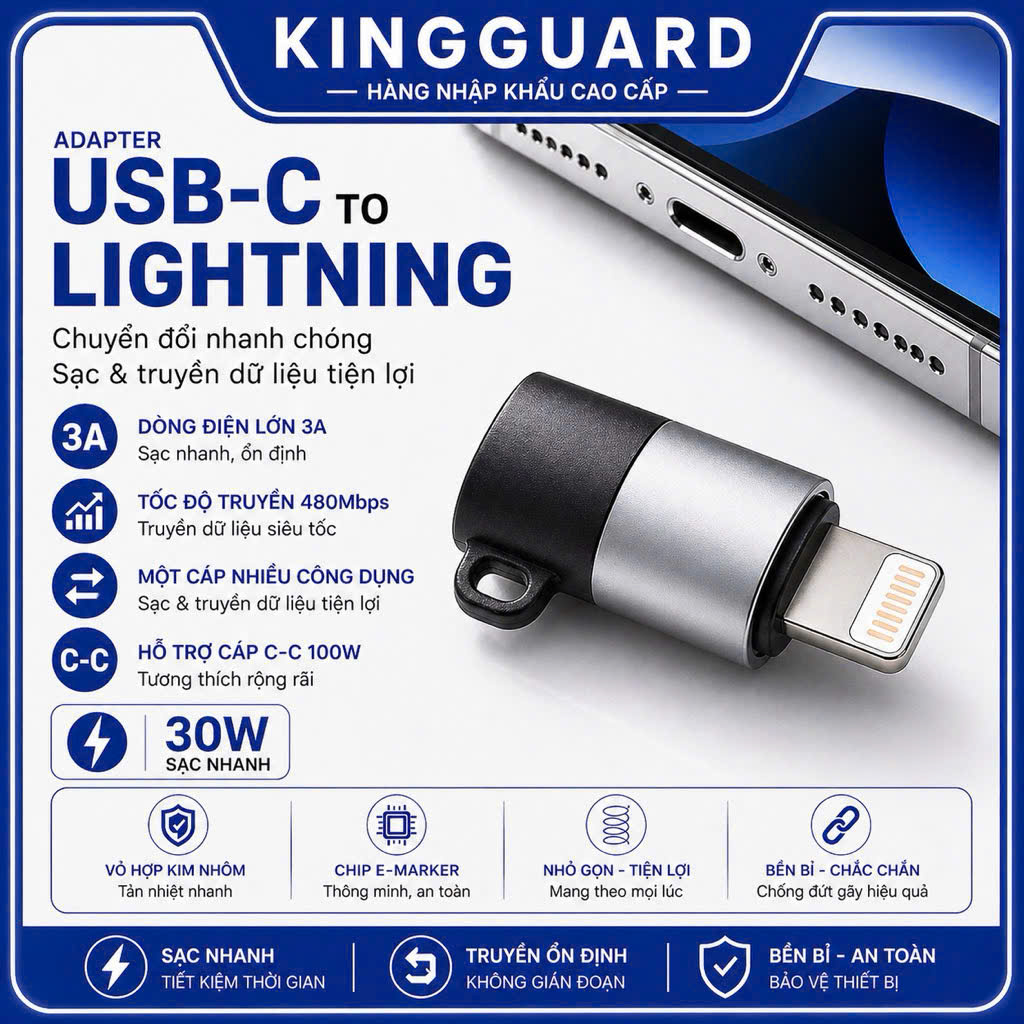 Đầu chuyển Type C sang Lightning KINGGUARD hỗ trợ sạc nhanh PD 30W, truyền dữ liệu ổn định, thiết kế nhỏ gọn tiện lợi cho iPhone và iPad.