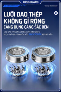 Máy cạo râu KINGGUARD Mini 5D sử dụng lưỡi dao thép không gỉ cao cấp giúp cạo sạch nhanh và tăng độ bền khi sử dụng lâu dài. Hệ thống lưỡi dao kép 5D ôm sát khuôn mặt, hỗ trợ cạo sạch sâu nhưng vẫn êm da và hạn chế đau rát. Máy cạo râu mini KINGGUARD còn được trang bị màn hình LED hiển thị pin cùng sạc nhanh Type-C hiện đại.
