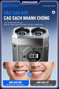 Máy cạo râu KINGGUARD Mini 5D sử dụng đầu dao kép giúp cạo sạch nhanh chóng và ôm sát khuôn mặt hiệu quả hơn. Lưỡi dao thép không gỉ sắc bén hỗ trợ cạo sạch sâu nhưng vẫn mang lại cảm giác êm ái và hạn chế đau rát da. Máy cạo râu mini KINGGUARD còn có màn hình LED hiển thị pin cùng sạc nhanh Type-C tiện lợi cho nhu cầu sử dụng hằng ngày.