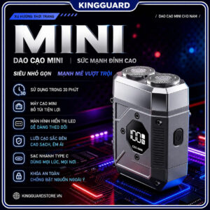 Máy cạo râu KINGGUARD Mini 5D cao cấp với thiết kế nhỏ gọn, màn hình LED hiển thị pin hiện đại cùng công nghệ sạc nhanh Type-C tiện lợi. Lưỡi dao kép 5D giúp cạo sạch nhanh, êm da, hạn chế đau rát khi sử dụng. Máy cạo râu mini KINGGUARD phù hợp mang theo khi đi làm, du lịch hoặc công tác nhờ thiết kế mini bỏ túi tiện lợi.
