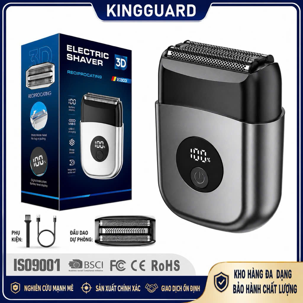 Máy Cạo Râu Mini KINGGUARD Màn Hình LED Sạc USB C – Dao 3 Lưỡi