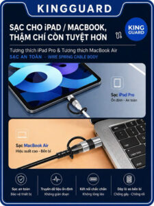 Đầu chuyển KINGGUARD hỗ trợ sạc iPad và MacBook ổn định, tương thích nhiều thiết bị USB-C hiện đại với kết nối bền bỉ.