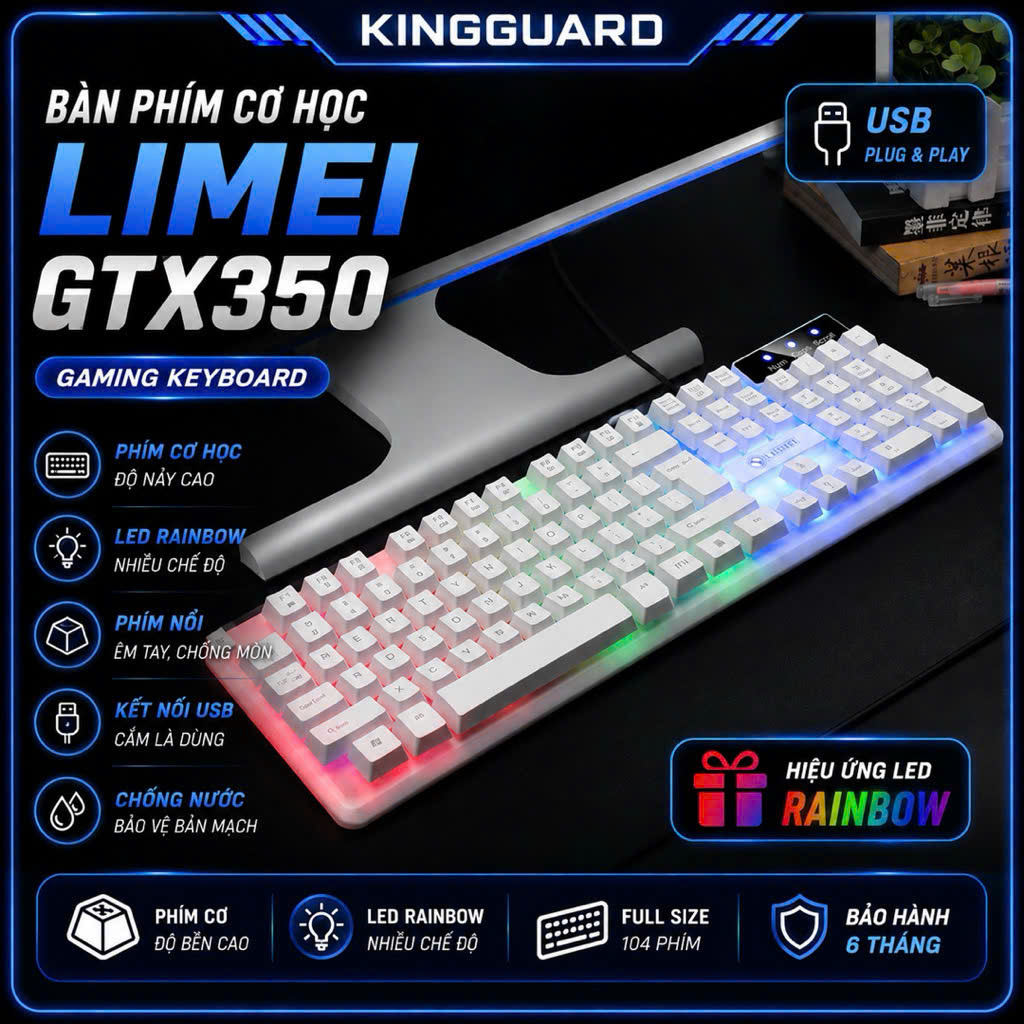 Bàn Phím Cơ LIMEI GTX350 104 Phím LED Rainbow USB Cắm Là Dùng Full Size - Bảo Hành KINGGUARD
