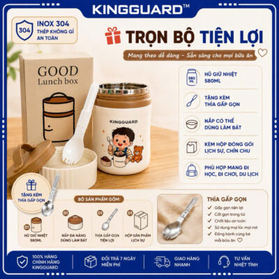 Hũ Giữ Nhiệt Cho Bé KINGGUARD 580ML Inox 304 Cao Cấp Kèm Thìa Gấp Gọn Giữ Nhiệt Cháo Súp Đồ Ăn Dặm Chống Tràn