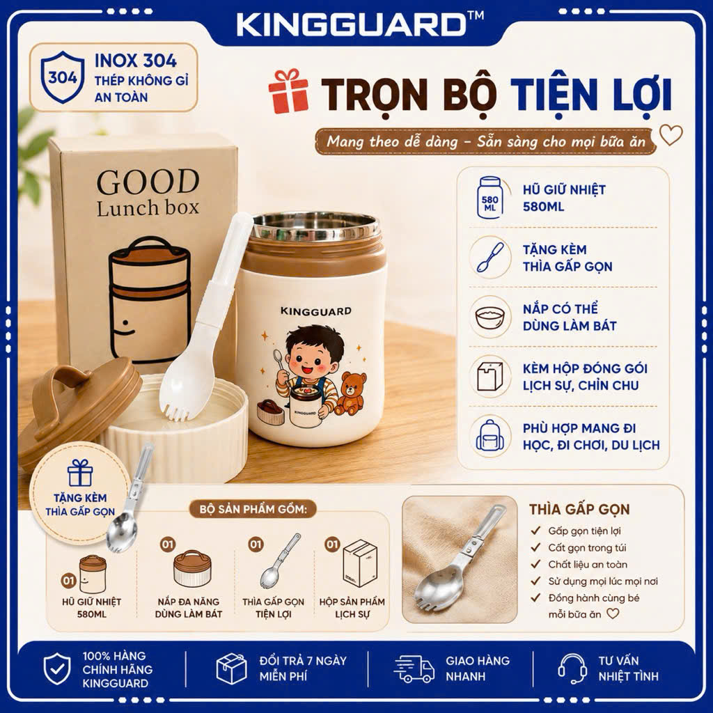 Hũ Giữ Nhiệt Cho Bé KINGGUARD 580ML Inox 304 Cao Cấp Kèm Thìa Gấp Gọn Giữ Nhiệt Cháo Súp Đồ Ăn Dặm Chống Tràn