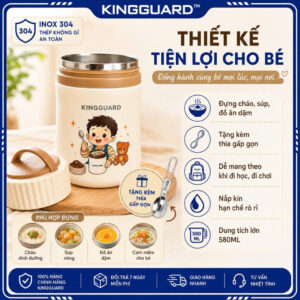Hũ Giữ Nhiệt Cho Bé KINGGUARD 580ML Inox 304 Thiết Kế Tiện Lợi Kèm Thìa Gấp Gọn Nắp Kín Chống Tràn