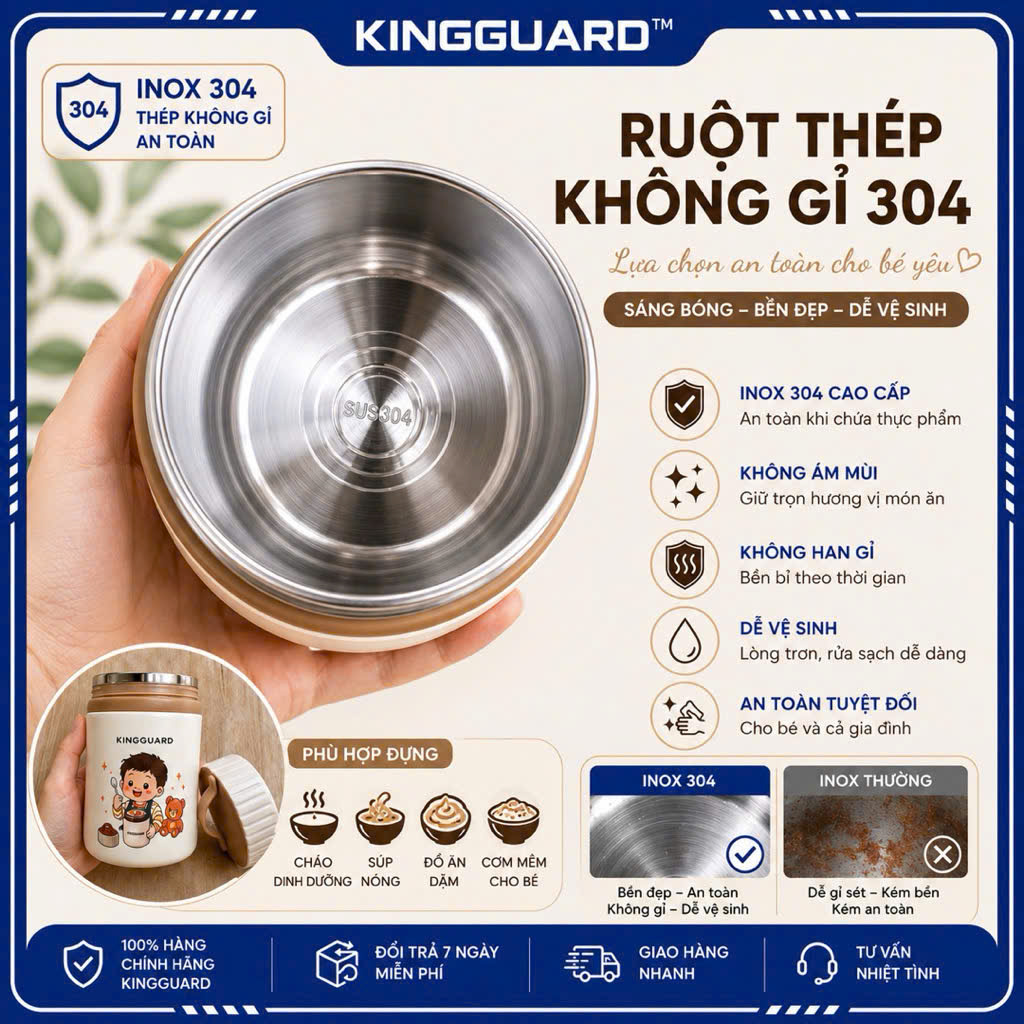 Hũ Giữ Nhiệt Cho Bé KINGGUARD 580ML Inox 304 Cao Cấp Kèm Thìa Gấp Gọn Giữ Nhiệt Cháo Súp Đồ Ăn Dặm Chống Tràn - Ảnh 3