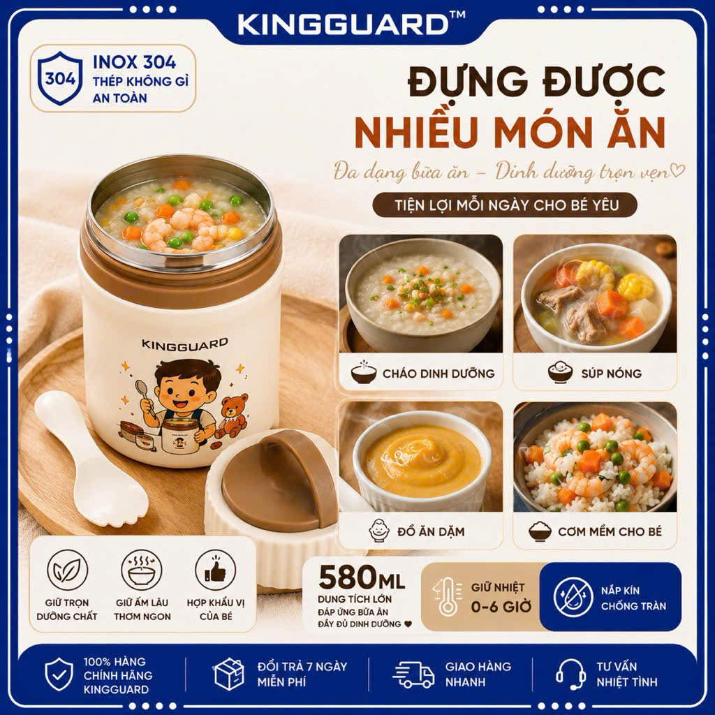 Hũ Giữ Nhiệt Cho Bé KINGGUARD 580ML Inox 304 Cao Cấp Kèm Thìa Gấp Gọn Giữ Nhiệt Cháo Súp Đồ Ăn Dặm Chống Tràn - Ảnh 4