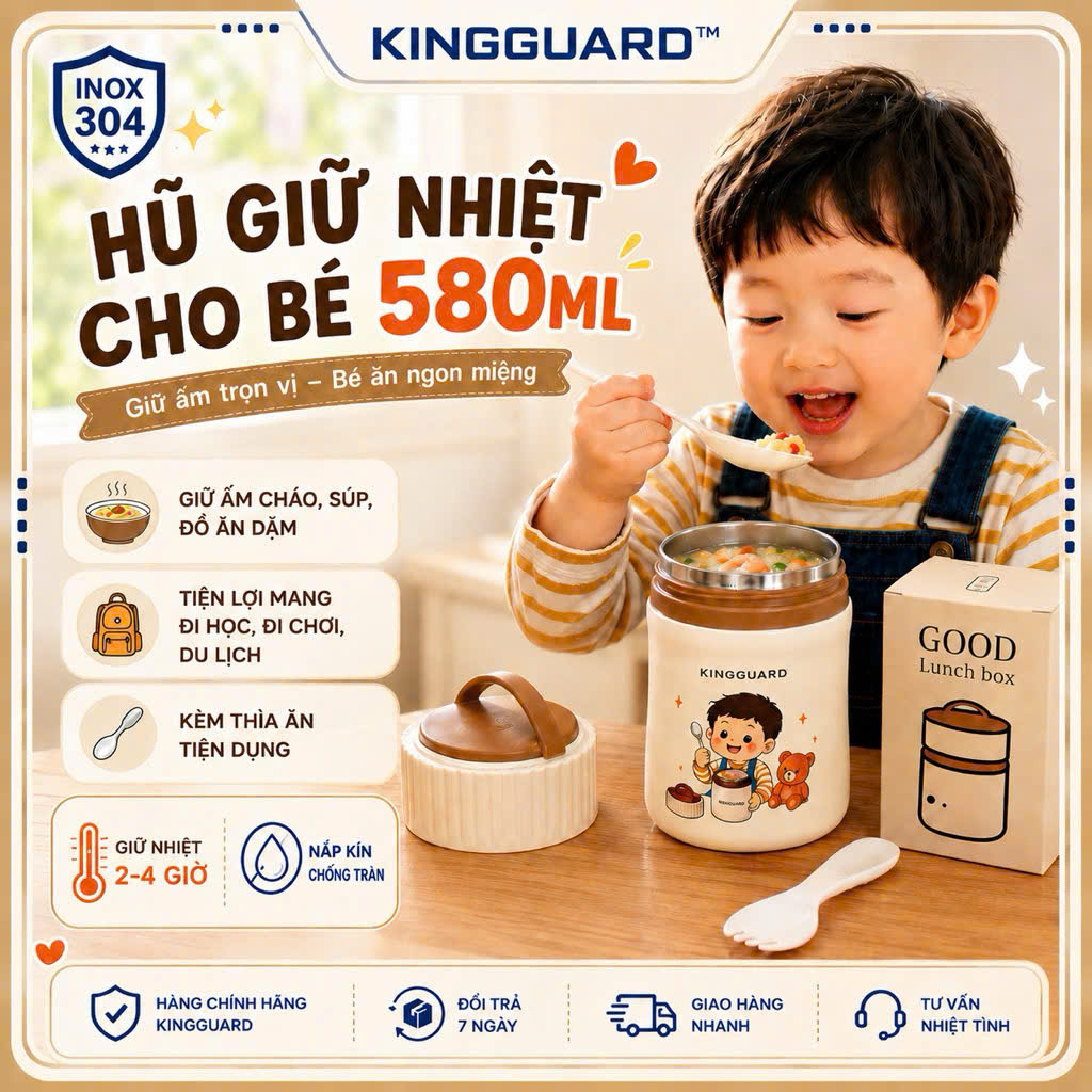 Hũ Giữ Nhiệt Cho Bé KINGGUARD 580ML Inox 304 Cao Cấp Kèm Thìa Gấp Gọn Giữ Nhiệt Cháo Súp Đồ Ăn Dặm Chống Tràn - Ảnh 5