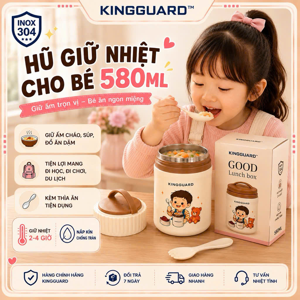 Hũ Giữ Nhiệt Cho Bé KINGGUARD 580ML Inox 304 Cao Cấp Kèm Thìa Gấp Gọn Giữ Nhiệt Cháo Súp Đồ Ăn Dặm Chống Tràn - Ảnh 6