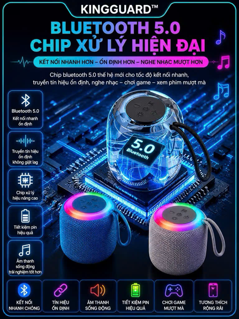 Loa Bluetooth Mini KINGGUARD Bluetooth 5.0 Loa Không Dây Đèn RGB Hỗ Trợ Thẻ TF USB TWS Âm Thanh 360° Pin Sạc - Ảnh 2