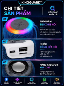 Loa Bluetooth Mini KINGGUARD Bluetooth 5.0 chi tiết sản phẩm với phím bấm silicone nổi, cổng Type-C, USB, thẻ TF và màng loa radiator kim loại.