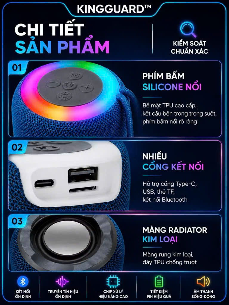 Loa Bluetooth Mini KINGGUARD Bluetooth 5.0 Loa Không Dây Đèn RGB Hỗ Trợ Thẻ TF USB TWS Âm Thanh 360° Pin Sạc - Ảnh 3