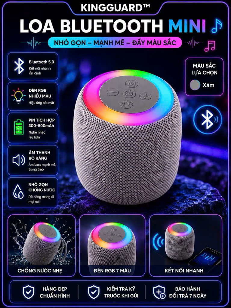 Loa Bluetooth Mini KINGGUARD Bluetooth 5.0 Loa Không Dây Đèn RGB Hỗ Trợ Thẻ TF USB TWS Âm Thanh 360° Pin Sạc - Ảnh 5