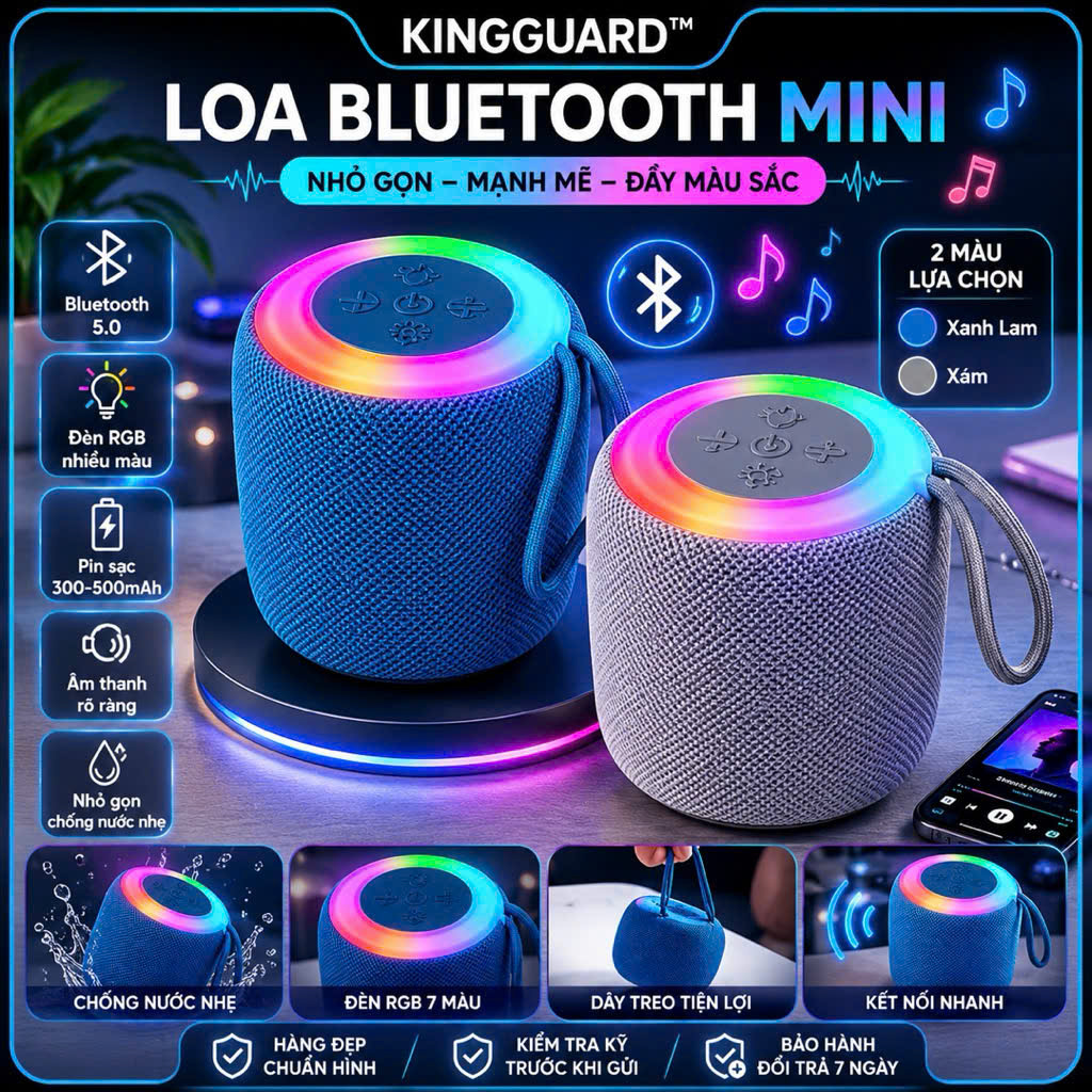 Loa Bluetooth Mini KINGGUARD Bluetooth 5.0 Loa Không Dây Đèn RGB Hỗ Trợ Thẻ TF USB TWS Âm Thanh 360° Pin Sạc